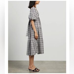 Faithfull the Brand Plaid Kiona Tiered Cotton Poplin Midi Dress Puff Sleeve